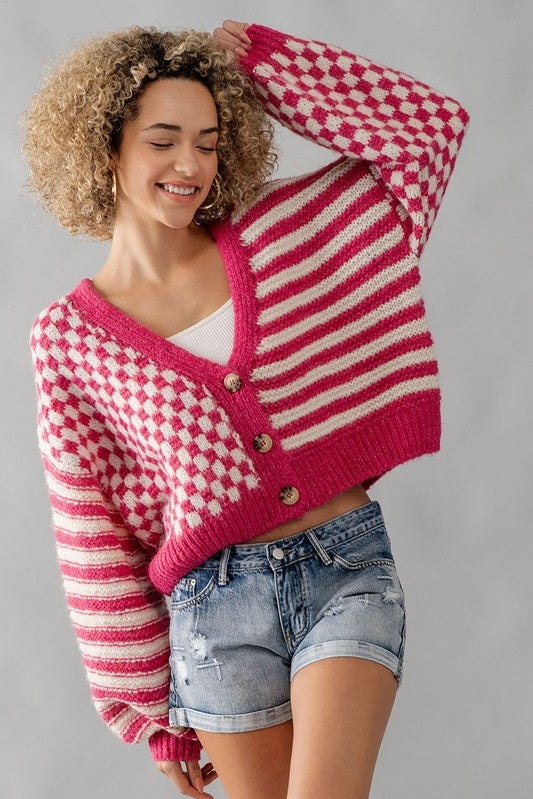 Checkered and Striped Boxy Fit Cardigan