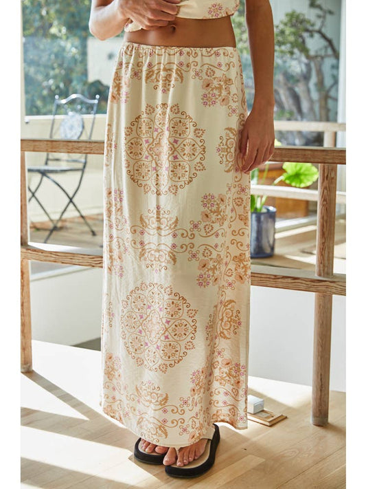 Woven Rayon Nylon Mandala Floral Print Maxi Skirt
