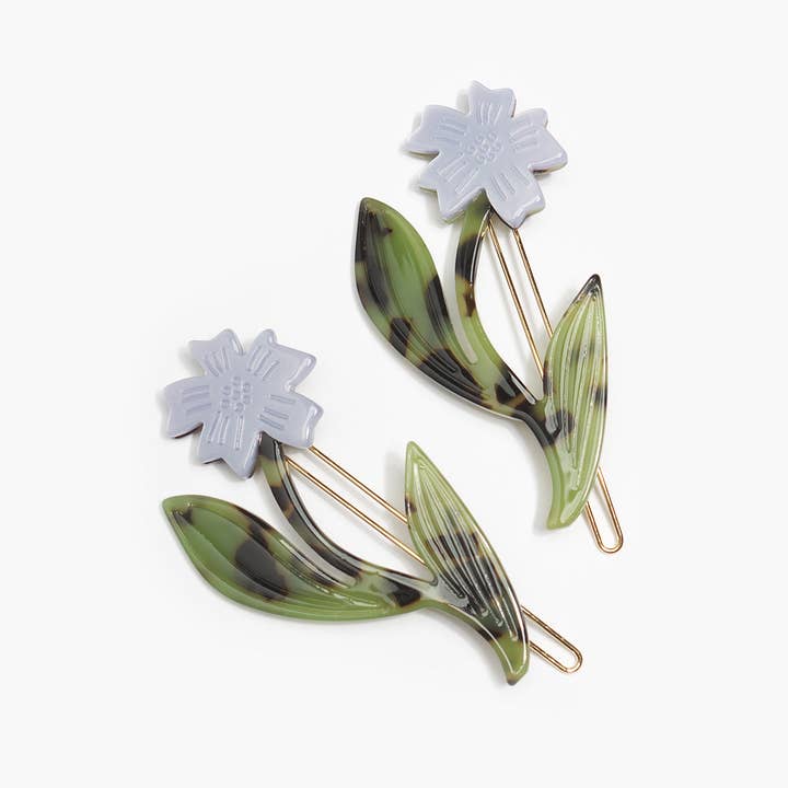 Chicory Flowers Barrette Clip Set with Green Tortoise