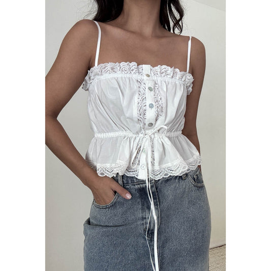 Button Down Lace Trim Spaghetti Strap Top