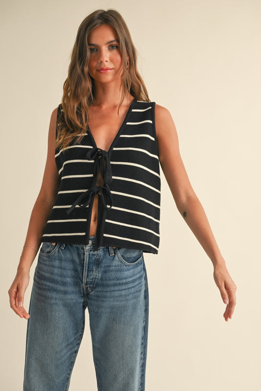 Striped Knitted Vest with Tie Front
