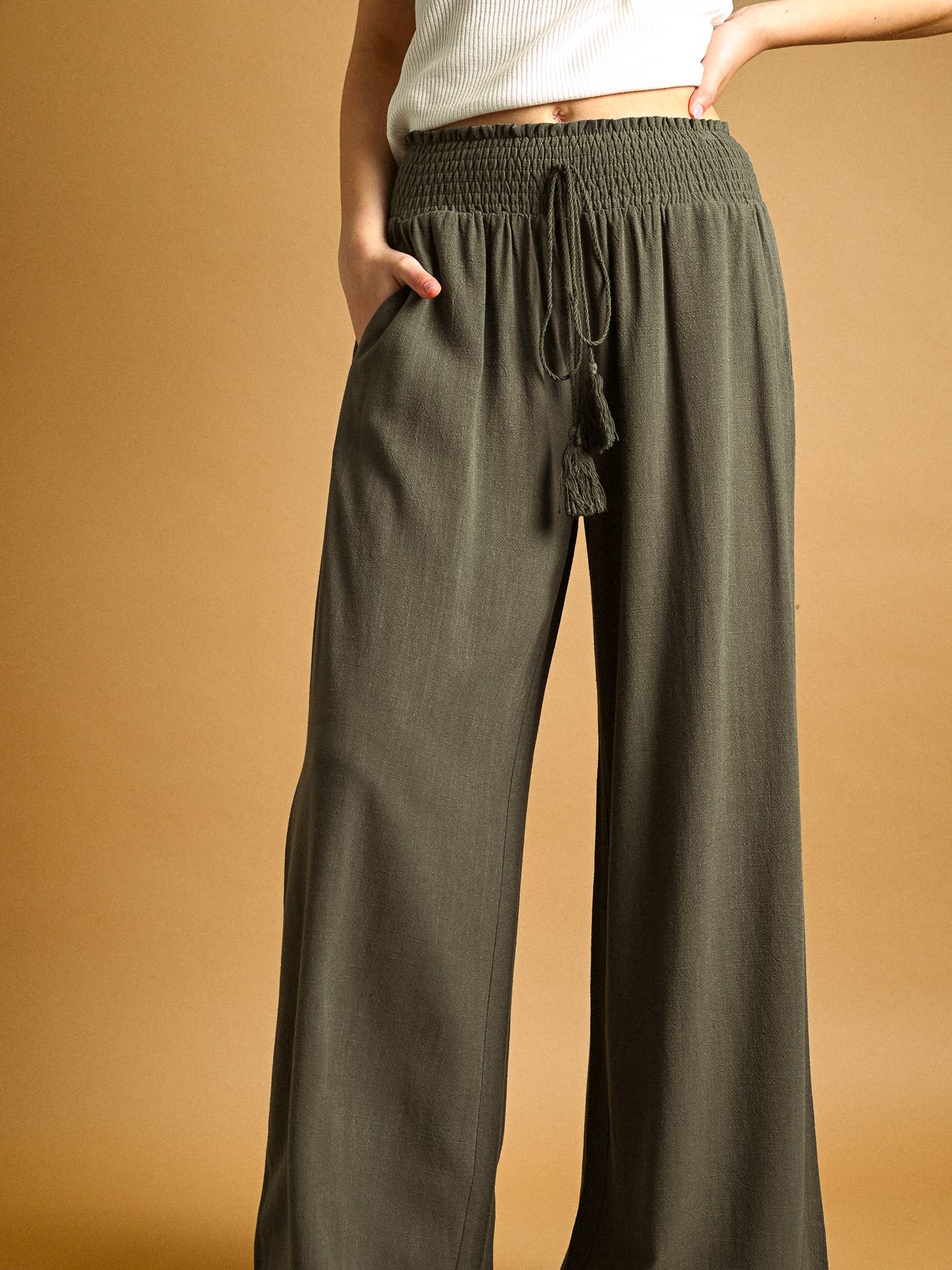 Cotton Linen Smocked Waist Pants with Tassel