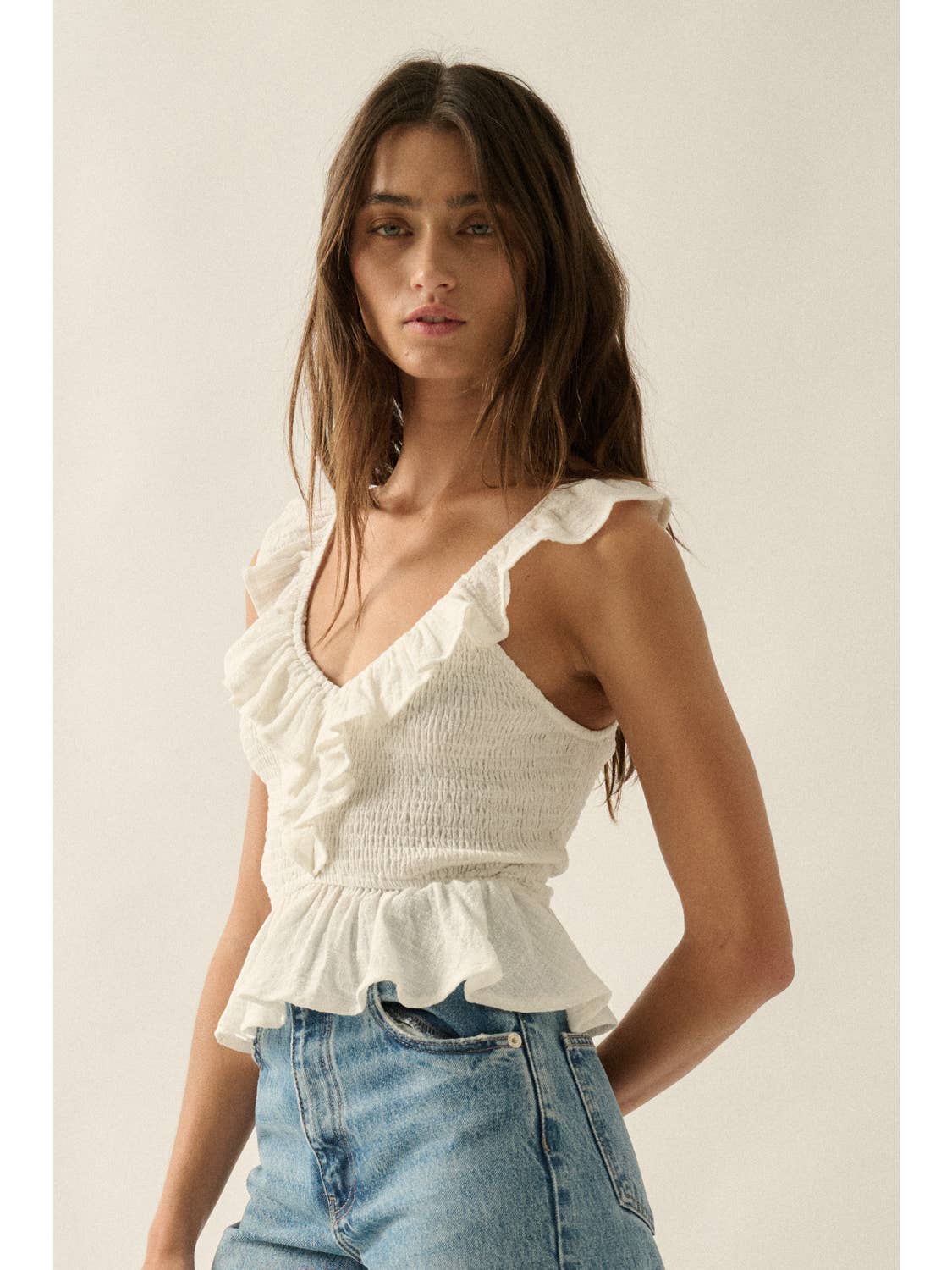 Cotton Gauze Ruffle V-Neck Tank Top