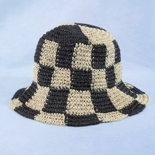 Straw Braided Checkered Bucket Hat