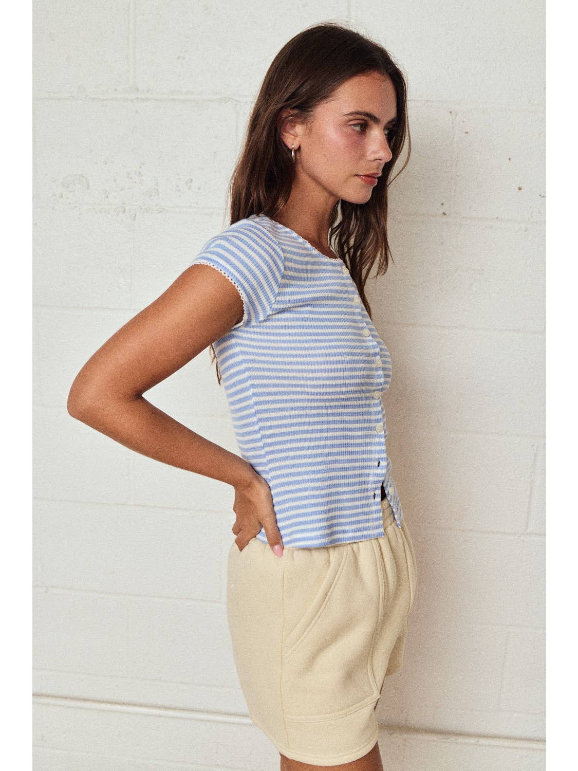 Striped Ribbed Button Front Top
