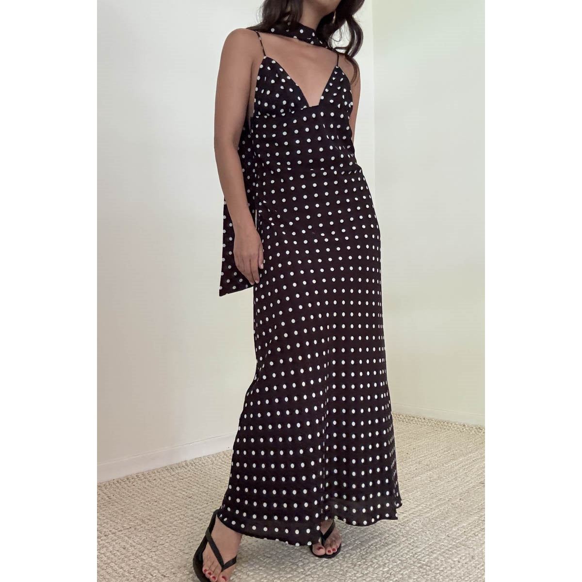 Polka Dot Chiffon Maxi Sleeveless Dress with Scarf