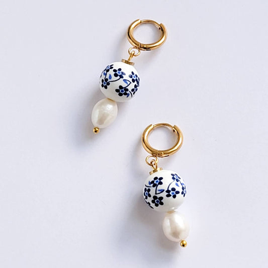 Ceramic Beads and Freshwater Pearl Earrings