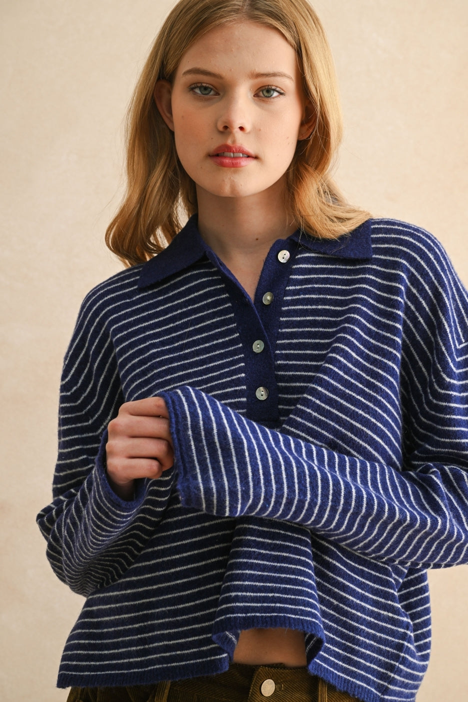 Stripe Long Sleeve Collared Top