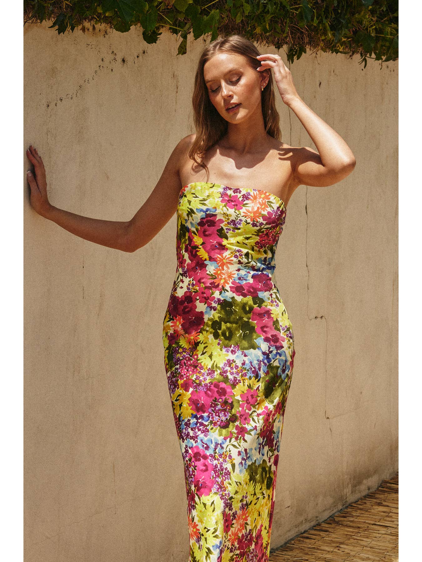 Floral Strapless Bias Cut Maxi Dress