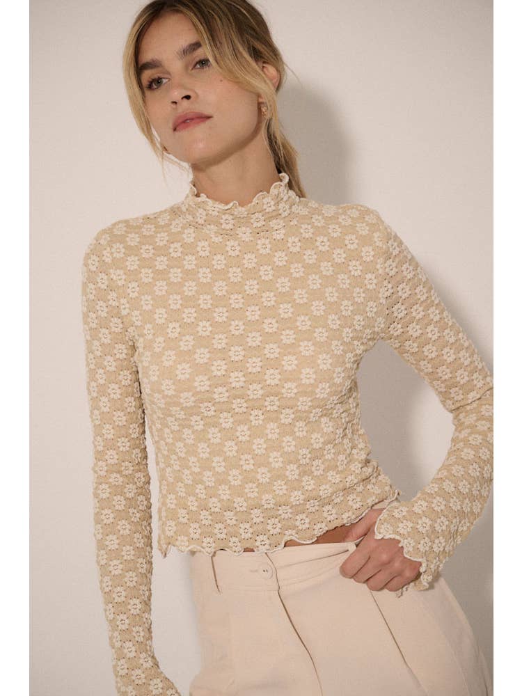 Textured Floral Lace Cropped Mock Neck Top
