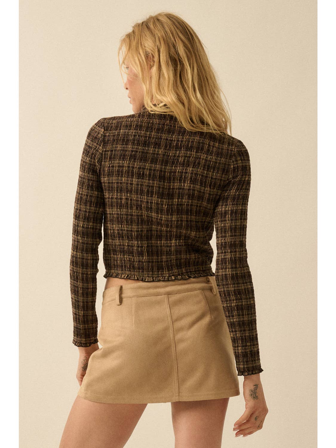 Plaid Smocked Long-Sleeve