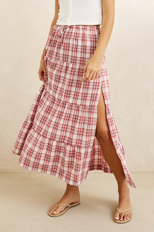 chelsea check tiered maxi skirt