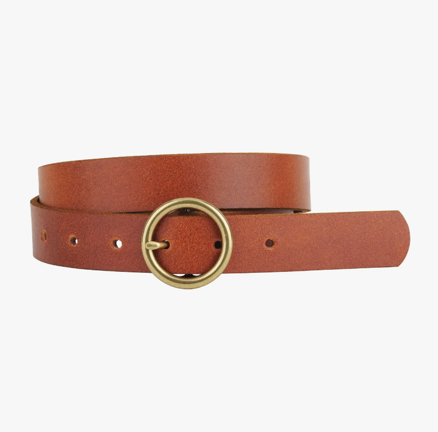 Brass-Toned Circle Buckle Leather Belt (Tan)
