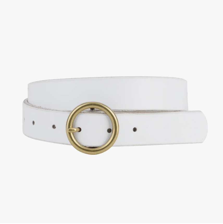 Brass-Toned Circle Buckle Leather Belt (White)
